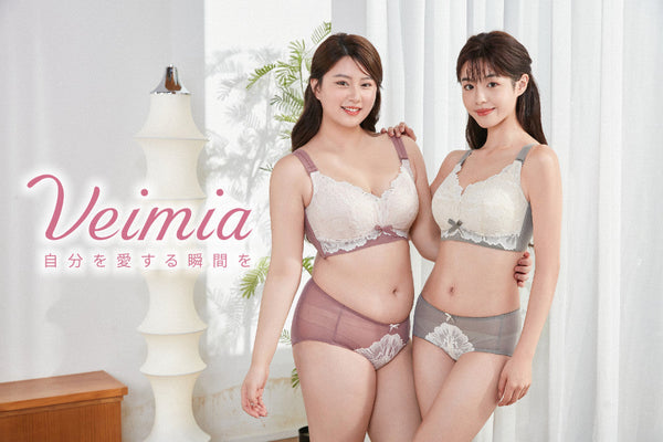 VEIMIA 日本內衣品牌形象照，兩位女性穿著蕾絲內衣與成套內褲