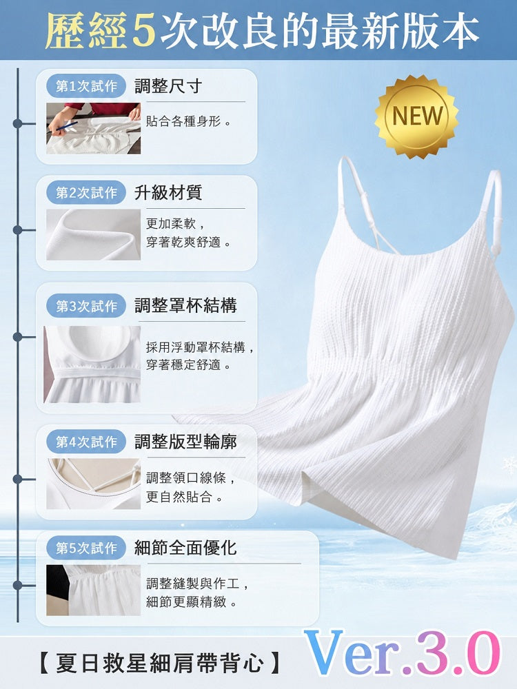 【優惠2件組NT$1,690】VEIMIA 夏季救星細肩帶背心 | 涼爽顯瘦。修腰設計打造完美曲線♪涼感材質×寬鬆下襬，有效雙重修飾惱人贅肉。內置襯墊，無需穿戴內衣，倍感舒適。立即入手，享受夏季時尚！