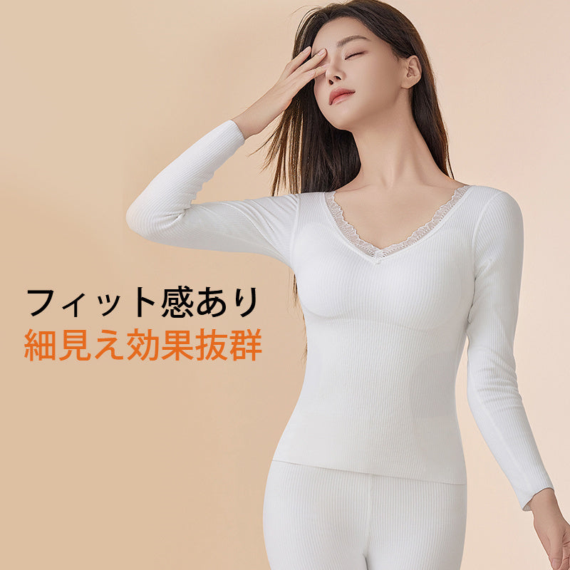 【僅需4,990日圓】VEIMIA 罩杯式保暖內衣 | 喀什米爾與絲綢材質，秋冬季節滋潤乾燥肌膚，持續溫暖。性感蕾絲V領設計，點綴美頸！