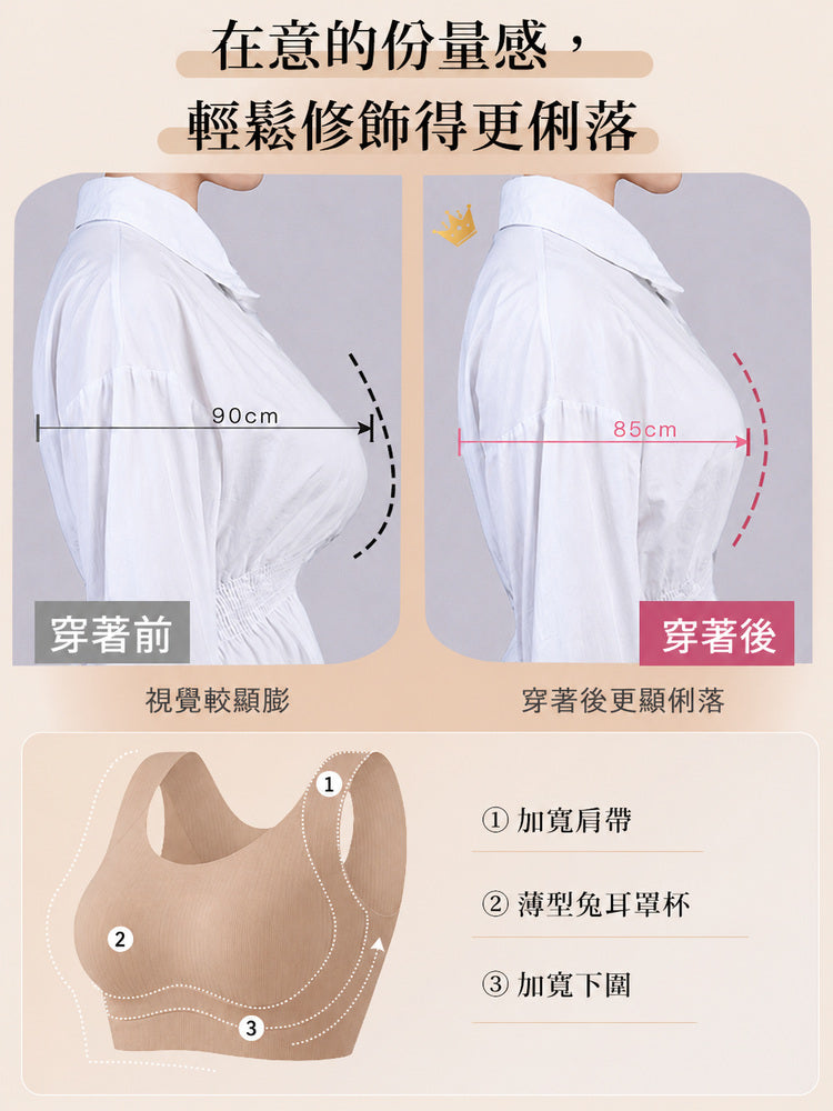 大胸顯小內衣 穿著前後側面對比視覺更俐落並減少份量感 veimia